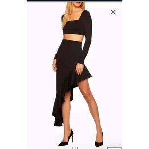 NEW SUSANA MONACO High Waisted Slit Asymmetric Ruffle- Black - Large